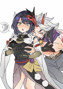 Rule 34 | 1boy, 1girl, accidental touch, arataki itto, bird mask, black bodysuit, black hair, blush, body markings, bodysuit, breasts, breasts squeezed together, brown hair, detached sleeves, facial mark, genshin impact, gloves, grabbing another's breast, grabbing from behind, groping, hair ornament, hetero, highres, horns, japanese clothes, jewelry, kujou sara, large breasts, long hair, mask, mask on head, mimlmi, obijime, oni, oni horns, red hair, short hair, sweat, tengu, tengu mask, thick eyebrows, tripping, yellow eyes