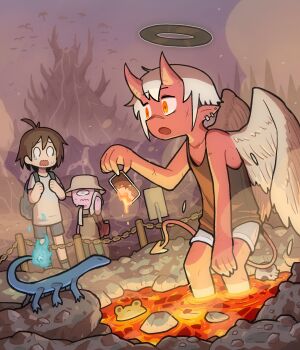 3boys angel_wings backpack bag black_hair black_halo black_tank_top blank_eyes bucket_hat cellphone colored_skin commentary_request cross_scar cyclops demon_boy demon_horns demon_tail ear_piercing feathered_wings halo hat hell highres holding holding_phone horns lava mountain multiple_boys one-eyed open_mouth orange_eyes original phone piercing purple_skin red_skin salamander scar scar_on_face scar_on_nose shorts skull smartphone tail takurada tank_top tears white_hair white_shorts wings