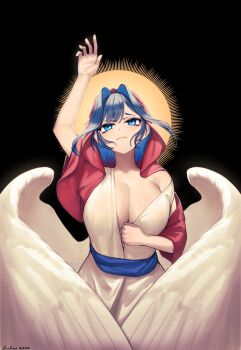 Rule 34 | 1girl, absurdres, alternate costume, breasts, cleavage, commentary, english commentary, halo, highres, hololive, hololive english, large breasts, ouro kronii, self-upload, sour booze, virtual youtuber, wings, yellow halo