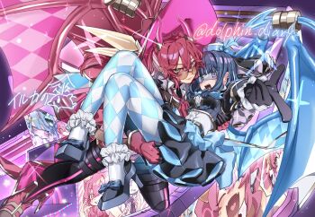 2girls black_gloves black_jacket black_skirt blue-tinted_eyewear blue_bow blue_eyes blue_hair blue_pantyhose bow carrying checkered_pantyhose closed_mouth duel_monster evil_twin_ki-sikil evil_twin_lil-la gloves green_eyes hand_on_another&#039;s_thigh iruka_no_kasa_(dolphin_diary) jacket ki-sikil_(yu-gi-oh!) lil-la_(yu-gi-oh!) live_twin_ki-sikil live_twin_lil-la live_twin_lil-la_sweet long_hair miniskirt multiple_girls open_mouth pantyhose princess_carry red-tinted_eyewear red_hair round_eyewear shirt short_hair skirt sunglasses tinted_eyewear twintails twitter_username white_pantyhose white_shirt yu-gi-oh!