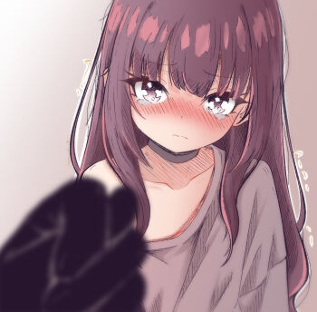 1boy 1girl blush brown_hair embarrassed fallenshadow gesture gesture_request highres indie_virtual_youtuber long_hair looking_at_viewer off_shoulder pettan_(zeez4743) pink_eyes pink_shirt pov shirt tears trembling upper_body virtual_youtuber