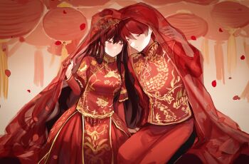 1boy 1girl brown_hair chinese_clothes closed_mouth couple dragon_print dress falling_petals gold_trim hair_bun hetero highres husband_and_wife layered_sleeves library_of_ruina long_hair long_sleeves lowell_(project_moon) pants parted_lips petals project_moon red_dress red_eyes red_hair red_pants red_shirt red_theme red_veil shared_veil shirt short_over_long_sleeves short_sleeves sidelocks sitting veil very_long_hair wedding xiao_(project_moon) y_o_u_k_a