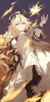 1girl absurdres ahoge aqua_eyes arknights black_gloves black_horns black_pantyhose blonde_hair breasts dress elinnasky fire gloves highres horns huge_ahoge infection_monitor_(arknights) long_hair looking_at_viewer medium_breasts official_alternate_costume pantyhose parted_lips reed_(arknights) reed_the_flame_shadow_(arknights) single_glove solo standing strap white_dress