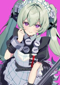 1girl absurdres apron black_dress chain commentary corin_wickes cuffs dress green_hair hair_between_eyes hand_up highres holding long_hair looking_at_viewer maid maid_apron maid_headdress nakano_kura puffy_short_sleeves puffy_sleeves purple_background purple_eyes screw_hair_ornament short_sleeves simple_background solo tearing_up twintails zenless_zone_zero