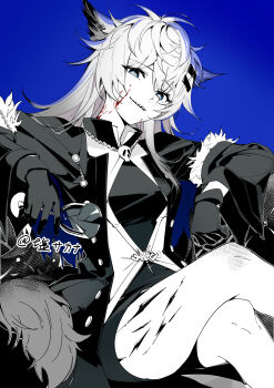 1girl absurdres animal_ears arknights artist_name black_coat black_gloves blood blood_on_face blue_background breasts broken_glass coat commentary crack cracked_glass crossed_legs cup drinking_glass feet_out_of_frame glass gloves greyscale_with_colored_background hair_between_eyes hair_ornament hairclip highres holding holding_cup jewelry lappland_(arknights) lappland_(refined_horrormare)_(arknights) long_hair long_sleeves looking_at_viewer material_growth medium_breasts necklace official_alternate_costume open_clothes open_coat oripathy_lesion_(arknights) parted_lips scar scar_across_eye scar_on_face sharp_teeth shio_sakana shirt sidelocks simple_background sitting skull_necklace smile solo spot_color tail teeth wolf_ears wolf_girl wolf_tail