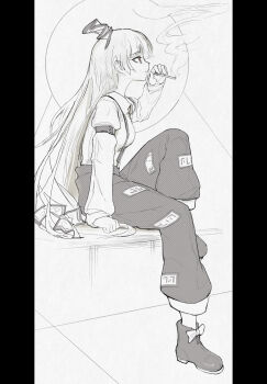 1girl absurdres arm_belt boots bow breasts cigarette collared_shirt commentary english_commentary footwear_bow fujiwara_no_mokou greyscale hair_bow highres holding holding_cigarette long_hair long_sleeves monochrome ofuda ofuda_on_clothes pants pillarboxed shirt sitting smoke smoking solo spp5566 suspenders touhou very_long_hair