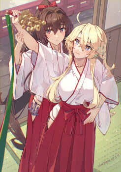 2girls anchor bell blonde_hair blue_eyes breasts brown_hair commentary_request hair_between_eyes hakama hakama_skirt highres himeyamato huge_breasts iowa_(kancolle) japanese_clothes jingle_bell kagura_suzu kantai_collection kimono long_hair miko multiple_girls ponytail red_eyes red_hakama side_slit skirt star-shaped_pupils star_(symbol) symbol-shaped_pupils very_long_hair white_kimono yamato_(kancolle)