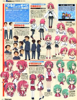 Rule 34 | 1boy, 3girls, absurdres, ahoge, black skirt, brown hair, character profile, gakuran, green hair, highres, horiguchi yukiko, iwasaki minami, kobayakawa yutaka, kogami akira, lucky star, magazine scan, medium hair, multiple girls, neckerchief, newtype, non-web source, official art, partially translated, pink hair, pleated skirt, red hair, red serafuku, red skirt, reference sheet, ryouou school uniform, scan, school uniform, serafuku, shiraishi minoru, short hair, skirt, sleeves past fingers, sleeves past wrists, translation request