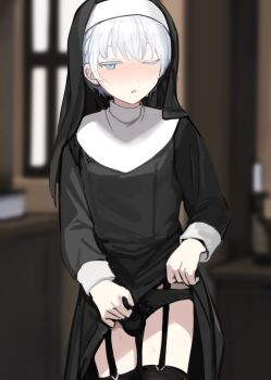 1boy black_dress black_headdress black_pantyhose black_thighhighs blurry blurry_background blush book bulge candle candlestand check_commentary clothes_lift commentary_request cowboy_shot crossdressing crossdressing_(mtf) dress dress_lift garter_straps half-closed_eyes highres indoors long_sleeves looking_at_viewer male_focus nun nun_headdress one_eye_closed original pantyhose parted_lips short_hair solo sunaba_(nczd5875) sweat thighhighs thighs trap white_hair window
