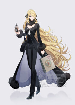 Rule 34 | 1girl, black coat, black pants, black shirt, blonde hair, breasts, buneary, coat, cup, cynthia (pokemon), eyes visible through hair, full body, gen 4 pokemon, grey background, hair over one eye, highres, holding, holding cup, long hair, nintendo, pants, pokemon, pokemon dppt, sakaralalala, shirt, simple background, small breasts, solo, very long hair, watermark