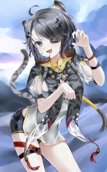 1girl 892392 :d absurdres arknights arknights:_endfield arm_up black_hair black_shorts bright_pupils chinese_commentary clothing_cutout commentary_request cowboy_shot day eyepatch fang fingernails grey_tail hair_ornament highres jewelry long_hair looking_at_viewer multiple_thigh_straps necklace one_eye_covered open_mouth outdoors painttool_sai_(medium) partial_commentary puffy_short_sleeves puffy_sleeves purple_eyes short_shorts short_sleeves shorts shoulder_cutout skin_fang smile solo standing tail tail_raised tangtang_(arknights) tassel thigh_strap white_pupils
