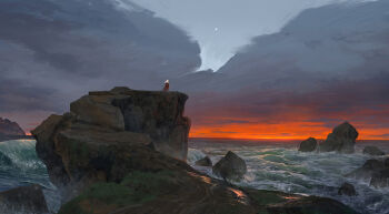 1girl armor cape cliff cloud cloudy_sky from_behind grass highres landscape ocean original painterly path red_cape refiend road rock scenery shore signature sky standing sunset waves