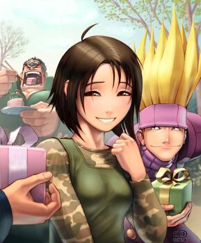 Rule 34 | 1girl, 2boys, bob cut, brown eyes, brown hair, cake, camouflage, capcom, edge, food, gift, highres, holding, holding gift, isurugi gan, justice gakuen, kazama akira, multiple boys, omar dogan, pastry, shiritsu justice gakuen, short hair, smile, edge (justice gakuen)