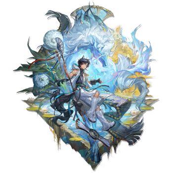 Rule 34 | 1boy, absurdres, ahoge, animal ear fluff, animal ears, aqua belt, aqua robe, arknights, armlet, bandaged arm, bandages, bell, belt, belt pouch, black belt, black gloves, black robe, bracelet, braid, cleavage cutout, clothing cutout, dandelion, dark-skinned male, dark skin, erkai, extra ears, flower, flying, from side, full body, gloves, gold armlet, gold bracelet, gold ring, hair intakes, hand up, highres, holding, holding staff, hood, hood down, hooded vest, hoodie, horse, horse boy, horse ears, horse tail, hoverboard, jewelry, knee cutout, lily pad, long hair, looking at viewer, looking to the side, lotus, multiple belts, official art, open clothes, open mouth, open vest, pants, pool, pouch, robe, shoes, side braid, single braid, single glove, sleeveless robe, sneakers, solo, staff, tachi-e, tail, taraxacum (arknights), teeth, third-party source, transparent background, triangle print, two-tone robe, vest, water, whistle, whistle around neck, white pants, white shoes, white vest, yellow eyes