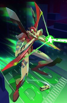 Rule 34 | 1boy, arm blade, aura, ben 10, building, city, colored skin, commentary, crosswalk, drifting, energy ball, energy beam, english commentary, extra eyes, full body, giant, glowing, green eyes, green light, highres, horns, jzdraws, long horns, male focus, motor vehicle, motorhome, multicolored skin, night, outdoors, powering up, recreational vehicle, red horns, red skin, road, rustbucket (ben 10), shoulder spikes, single horn, solo, spikes, squatting, standing, star (sky), street, two-tone skin, way big, weapon, white skin, x arms