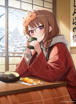 1girl black-framed_eyewear blush braid brown_hair commentary_request cup glasses gradient_eyes grey_hoodie grid_print highres holding holding_cup hood hood_down hoodie indoors jacket kotatsu long_hair long_sleeves looking_at_viewer mandarin_collar mandarin_orange_slice multicolored_eyes niwachichi_(maekawasan) over-rim_eyewear parted_lips purple_eyes red_eyes red_jacket semi-rimless_eyewear sendo_yuuhi sendo_yuuhi_(loungewear) signature snow solo steam table translation_request twin_braids virtual_youtuber vspo! wide_sleeves window winter