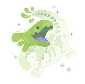animal_skeleton bone colored_tongue creature creature_focus dragon euemj green_eyes green_lizard_(rain_world) green_scales happy lizard lizard_(rain_world) looking_to_the_side monster no_humans open_mouth purple_tongue rain_world see-through_body star_(symbol) star_symbol_background white_background