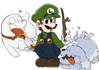 blue_eyes bone brown_hair candle dog facial_hair fangs fire gloves greavard hat highres holding luigi luigi's_mansion luigi's_mansion:_dark_moon mario_(series) mimimi_(mimimim9999) mustache nintendo open_mouth overalls pokemon pokemon_(creature) purple_fire shirt simple_background smile stick tongue tongue_out white_background white_gloves