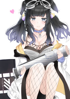 1girl absurdres animal_ears black_hair blue_archive blue_eyes dog_ears dog_girl engineering_department_(blue_archive) goggles goggles_on_head hashu189014_(kara_473) hibiki_(blue_archive) highres looking_at_viewer simple_background solo white_background