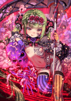 1girl :q arm_support asymmetrical_gloves asymmetrical_legwear blonde_hair blush bone bow bowtie cameltoe capelet facial_tattoo feet_out_of_frame flat_chest flower frilled_bow frilled_capelet frilled_hairband frilled_panties frilled_sleeves frills full-body_tattoo gloves glowing glowing_eye hair_bow hairband holding holding_scepter kink_(tortoiseshell) lace lace-trimmed_bow lace-trimmed_gloves lace-trimmed_legwear lace-trimmed_panties lace_trim light_particles loli lolibaba lolita_fashion lolita_hairband long_hair looking_at_viewer magic_circle navel nipples original panties red_eyes rose scepter sidelocks sitting skeleton skindentation skull smoke striped_clothes striped_thighhighs tattoo thighhighs tongue tongue_out towako_(akane_shinsha) twintails underwear uneven_gloves uneven_legwear v-shaped_eyebrows vertical-striped_clothes vertical-striped_thighhighs very_long_hair