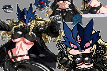1girl :3 beelstarmon belt black_belt black_coat black_gloves black_pants black_vest blonde_hair blue_mask breasts closed_mouth coat commentary cropped_vest deformed digimon digimon_(creature) dual_wielding eye_mask fly_bullet from_below gloves grey_background gun holding holding_gun holding_weapon jazz_jack large_breasts leather leather_pants lipstick long_hair long_sleeves looking_at_viewer lying makeup mask meme multiple-barrel_gun multiple_views navel on_stomach outstretched_arms pants purple_eyes purple_lips sidelocks simple_background smile standing stomach third_eye tight_clothes tight_pants underboob vest weapon willem_dafoe_looking_up_(meme)