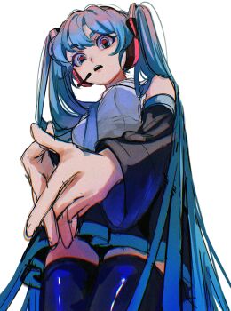 1girl absurdres aqua_hair aqua_necktie aqua_trim bare_shoulders black_boots black_skirt boots breasts chromatic_aberration commentary_request detached_sleeves film_grain from_below grey_shirt hair_ornament hatsune_miku headset highres interlocked_fingers long_hair looking_at_viewer necktie shirt simple_background sketch skirt sleeveless sleeveless_shirt small_breasts solo thigh_boots twintails uji_kintoki-kun very_long_hair vocaloid white_background