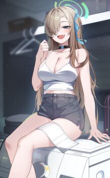 1girl absurdres alternate_costume asuna_(blue_archive) bare_shoulders black_choker blonde_hair blue_archive blue_eyes blue_halo breasts choker cleavage clothes_hanger commentary_request denim denim_shorts hair_over_one_eye halo highres indoors large_breasts open_mouth shorts sitting siwa_(st_ekfrlfkep) solo tank_top thighs white_tank_top