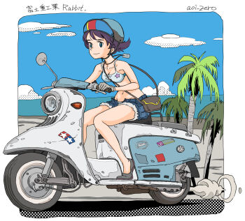 1girl aoi_zero artist_name bag black_shoes breasts cloud denim denim_shorts handbag helmet highres jewelry motor_vehicle motorcycle navel necklace original palm_tree shoes shorts small_breasts smoke summer tree