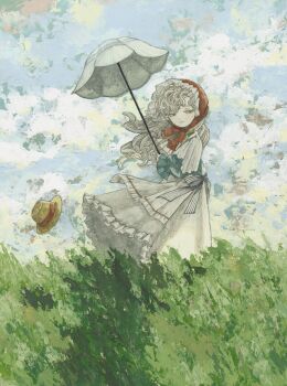 Rule 34 | 1girl, acrylic paint (medium), blonde hair, claude monet (style), commentary request, curly hair, day, dress, field, frills, from side, full body, grass, hairband, hat, highres, holding, karintoun, long hair, neck ribbon, original, outdoors, painting (medium), pale skin, parasol, ribbon, signature, traditional media, umbrella, watercolor (medium), wind