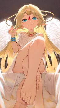 1girl absurdres angel angel_wings bare_shoulders barefoot blonde_hair blue_eyes circlet closed_mouth commentary_request crossed_legs dress feathered_wings feet foot_focus foot_out_of_frame foreshortening gem gold_circlet highres holding holding_another&#039;s_foot holding_own_hair ilias jewelry long_hair long_pointy_ears looking_at_viewer mon-musu_quest! mon-musu_quest:_paradox neck_ring parted_bangs pointy_ears pov pov_hands presenting_foot red_gemstone reiji-rj sitting smile solo_focus split_mouth toenails toes very_long_hair white_dress white_wings wings