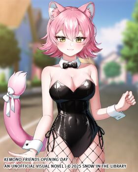 1girl :3 animal_ears bare_shoulders black_bow black_bowtie black_leotard blush bow bowtie breasts cleavage covered_navel detached_collar double-parted_bangs extra_ears fishnet_pantyhose fishnets flipped_hair gradient_tail hair_between_eyes highleg highleg_leotard kemono_friends kemono_friends_3 kemono_friends_opening_day large_breasts leotard looking_at_viewer menna_(0012) nontraditional_playboy_bunny panther_ears panther_girl panther_tail pantyhose peach_panther_(kemono_friends) pink_hair pink_tail short_hair smile solo strapless strapless_leotard tail tail_bow tail_ornament white_bow white_wrist_cuffs wrist_cuffs yellow_eyes