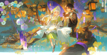 1boy 1girl absurdres ahoge animal animal_on_hand apron architecture armor bead_necklace beads bird branch brown_bird brown_hair brown_haori brown_jacket brown_shoes building closed_mouth east_asian_architecture expressionless eyelashes facial_mark fingernails floating_hair flower forehead_jewel forehead_mark frills full_body gem genshin_impact green_eyes green_headdress green_kimono green_sash hair_ornament hanging_lantern haori haori_himo headdress highres holding holding_umbrella jacket japanese_armor japanese_clothes jewelry juban kimono lamp long_hair long_sleeves looking_at_another medium_hair multicolored_hair necklace nokoya obi obiage obijime oil-paper_umbrella open_hands original parted_bangs pearl_(gemstone) pearl_necklace purple_eyes purple_flower purple_umbrella sample_watermark sandals sash shoes shoulder_armor sidelocks smile socks sode squirrel streaked_hair tree two-sided_fabric umbrella watermark white_apron white_hair white_socks wind_chime wisteria xiao_(genshin_impact)