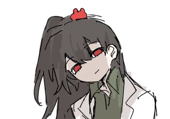 1girl bear_hair_ornament brown_hair carmen_(project_moon) closed_mouth coat collared_shirt green_shirt hair_ornament head_tilt high_ponytail lab_coat lapels lobotomy_corporation long_hair looking_at_viewer notched_lapels ponytail project_moon red_eyes shirt simple_background smile solo very_long_hair white_background white_coat wing_collar yesheng_zong_ren