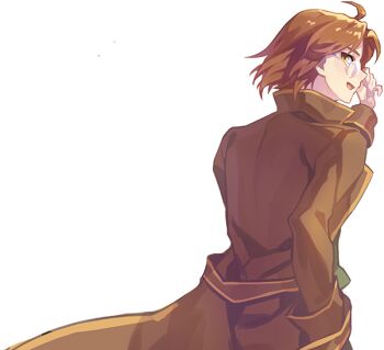 Rule 34 | 1boy, adjusting eyewear, ahoge, alpha transparency, artist request, brown coat, brown eyes, brown hair, brown sleeves, coat, collared coat, cowboy shot, curtained hair, from behind, glasses, green vest, hand in pocket, happy, high collar, long sleeves, looking to the side, male focus, maximin liebkne, nexon, official art, open mouth, profile, rimless eyewear, round eyewear, second-party source, short hair, sideways mouth, simple background, sleeve cuffs, solo, straight hair, tales weaver, tongue, transparent background, trench coat, vest