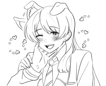 2girls animal_ears bang_dream! bang_dream!_it&#039;s_mygo!!!!! blazer blush chihaya_anon collared_shirt dog_ears fang guided_hand_on_cheek haneoka_school_uniform heart highres jacket kemonomimi_mode life_hater_art multiple_girls nagasaki_soyo necktie one_eye_closed open_mouth school_uniform shirt smile tsukinomori_school_uniform yuri