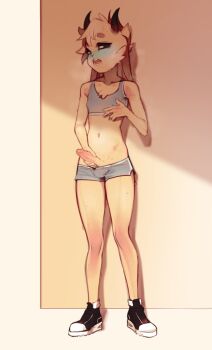 1boy :o absurdres animal_ears bare_arms bare_shoulders body_fur crop_top full_body furry furry_male grey_shorts highres horns looking_at_viewer male_focus male_masturbation masturbation navel open_mouth original penis pita-potato rabbit_ears shoes short_shorts shorts solo standing sweat teeth tongue trap