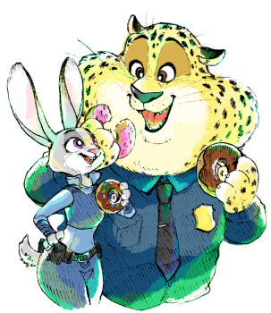 artist_request benjamin_clawhauser brown_eyes cheetah disney donut food furry judy_hopps looking_at_another necktie police police_uniform purple_eyes rabbit simple_background white_background zootopia