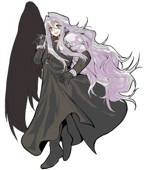 1boy armor black_boots black_coat black_wings boots coat final_fantasy final_fantasy_vii green_eyes grey_hair hattouissenbaka highres long_hair male_focus open_mouth parody pauldrons sephiroth shoulder_armor single_wing slit_pupils smile standing style_parody very_long_hair white_background wings zun_(style)