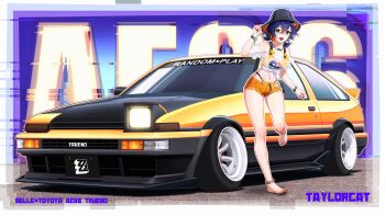 1girl absurdres anklet artist_name bare_shoulders barefoot belle_(summer_skies)_(zenless_zone_zero) belle_(zenless_zone_zero) bikini bikini_bottom_under_shorts bikini_under_clothes bikini_visible_through_clothes black_hat black_nails blue_hair border breasts car character_name cleavage collarbone commentary copyright_logo crossed_bangs green_eyes hair_between_eyes hair_ornament hand_on_headwear hand_up hat highres inset_border jewelry large_breasts legs letter_hair_ornament logo looking_at_viewer low_twintails micro_shorts motor_vehicle nail_polish navel necklace off-shoulder_shirt off_shoulder official_alternate_costume open_mouth orange_bikini orange_shorts pop-up_headlights procreate_(medium) shirt short_hair short_twintails shorts smile solo standing standing_on_one_leg stomach swimsuit taylorcat thighs tied_shirt toenail_polish toenails toyota toyota_sprinter_trueno twintails upper_body vehicle_name white_border yellow_car zenless_zone_zero