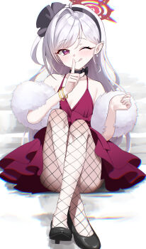 1girl :q ;q absurdres amano_hagoromo black_hairband black_shoes blue_archive bow bow_choker choker commentary_request dress earrings finger_to_mouth fishnet_pantyhose fishnets fur_shawl grey_hair hairband halo high_heels highres jewelry long_hair looking_at_viewer mutsuki_(blue_archive) mutsuki_(dress)_(blue_archive) official_alternate_costume one_eye_closed pantyhose pearl_earrings pointy_ears purple_eyes red_dress red_halo shawl shoes shushing sitting sleeveless sleeveless_dress solo tongue tongue_out