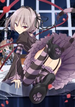 Rule 34 | 2girls, :d, absurdres, all fours, anger vein, ass, black dress, black hairband, black ribbon, black shoes, blurry, blurry background, brown hair, butterfly hair ornament, cat tail, chibi, chibi inset, commentary, convenient leg, cup, dress, drinking, falling petals, frilled dress, frilled thighhighs, frills, from behind, full body, garter straps, gothic lolita, green eyes, grey hair, grin, hair between eyes, hair intakes, hair ornament, hair ribbon, hairband, hapymaher, high heels, highres, holding, holding cup, indoors, jitome, juliet sleeves, knees together feet apart, light blush, lolita fashion, long hair, long ribbon, long sleeves, looking at viewer, looking back, medium hair, miraikanai, multiple girls, naitou maia, night, on table, open mouth, paw print, petals, print shoes, puffy sleeves, red eyes, red ribbon, ribbon, rose petals, sharp teeth, shoe soles, shoes, sidelocks, slit pupils, smile, solo focus, striped clothes, striped tail, striped thighhighs, table, tail, teacup, teeth, thighhighs, thighs, toriumi arisu, two side up, upskirt, watermark, wide sleeves, window