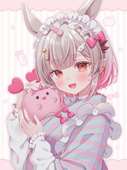 1girl :d absurdres animal_ears apron bow commentary demon_horns frilled_apron frilled_hairband frills gradient_hair grey_hair hair_bow hair_ornament hairband highres horns horse_ears indie_virtual_youtuber japanese_clothes jewelry kanikama_(suou_patra) maid_headdress multicolored_hair open_mouth orange_eyes pink_hair pointy_ears ring smile star_(symbol) star_hair_ornament striped_clothes suou_patra symbol-only_commentary tt_chicca unicorn_horn virtual_youtuber wing_hair_ornament