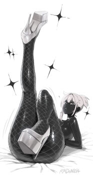 Rule 34 | + +, 1girl, ?, absurdres, ass, ass focus, black skin, breasts, colored skin, dark-skinned female, dark skin, fishnet pantyhose, fishnets, high heels, highres, huge ass, katsu (radon86 nya), large breasts, leg focus, leg up, lying, monochrome, on back, on bed, original, pantyhose, platform shoes, radon86 nya, shiny skin, shoes, short hair, simple background, solo, sparkle, spoken question mark, white background, white hair, white shoes, wide hips