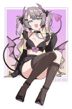 1girl absurdres black_choker black_shirt black_shoes black_shorts blue_eyes bow bra_strap breasts brown_hair brown_socks brown_thighhighs chain choker colored_inner_hair crop_top demon_girl demon_horns demon_tail demon_wings detached_sleeves frilled_shirt frills hair_ornament hairclip hand_up heart heart_in_eye high-waist_shorts high_heels highres horns indie_virtual_youtuber kneehighs long_hair long_sleeves looking_at_viewer low_wings medium_breasts midori_fufu midori_fufu_(vtuber) midriff mole mole_on_breast mole_under_eye multicolored_hair open_mouth pointy_ears purple_bow shirt shoes short_shorts shorts single_kneehigh single_sock single_thighhigh smile socks solo symbol_in_eye tail thighhighs two_side_up very_long_hair virtual_youtuber wings