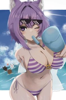 1girl 966_kururu_966 animal_ear_fluff animal_ears arms_behind_back belly bikini blush breasts cat_ears cat_girl cleavage eyewear_on_head food food_in_mouth fox highres holding holding_food holding_ice_cream hololive huge_breasts ice_cream looking_at_viewer navel nekomata_okayu one_eye_closed ookami_mio purple_bikini purple_eyes purple_hair shirakami_fubuki striped_bikini striped_clothes sunglasses swimsuit virtual_youtuber wolf