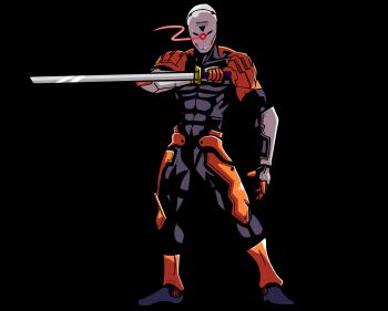 1boy absurdres armor astereonsnake black_background commentary cyborg english_commentary full_body gray_fox_(metal_gear) helmet highres holding holding_sword holding_weapon katana looking_at_viewer metal_gear_(series) metal_gear_solid ninja power_suit simple_background solo standing sword weapon