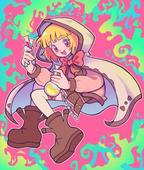 1girl blonde_hair blunt_bangs bob_cut boots borrowed_character bow bowtie brown_boots brown_shirt brown_skirt brown_trim cardigan castussan cloak commission deformed flask full_body green_background hand_up happy highres holding holding_beaker holding_flask hood hood_up hooded_cloak long_sleeves looking_at_viewer open_cardigan open_clothes open_mouth original outline pink_background pink_cardigan pink_eyes pleated_skirt raised_eyebrows red_bow red_bowtie shirt skirt skirt_set smile solo thighhighs white_cloak white_outline white_thighhighs