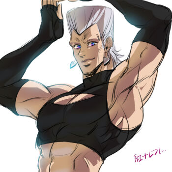 1boy anzumame blue_eyes cleavage_cutout clothing_cutout cosplay earrings elbow_gloves flattop gloves grey_hair heart heart_cutout jean_pierre_polnareff jewelry jojo_no_kimyou_na_bouken look-alike male_focus midriff nikaido_benimaru nikaido_benimaru_(cosplay) nikaidou_benimaru nikaidou_benimaru_(cosplay) parody solo the_king_of_fighters