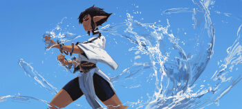 1girl belt bike_shorts black_hair black_shorts blue_background bracelet chinese_clothes chinese_commentary clenched_hand closed_eyes closed_mouth dark-skinned_female dark_skin day high_collar highres hydrokinesis jewelry kan_liu_(666k) magic original pointy_ears shadow short_hair shorts solo water wide_sleeves