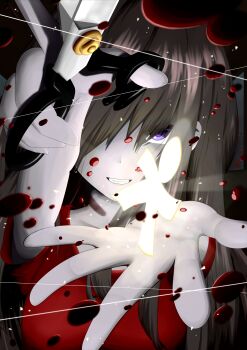 1girl absurdres black_hair blood colored_skin commentary_request corpse_party dress ghost_girl grey_skin grin hair_over_one_eye hamamami highres holding holding_scissors long_hair looking_at_viewer purple_hair red_dress scissors shinozaki_sachiko smile solo